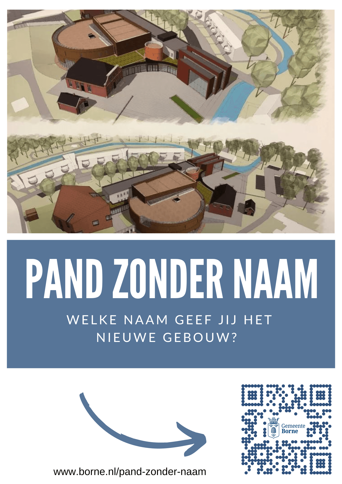 Flyer pand zonder naam - met tekeningen en QR code naar de pagina op de website