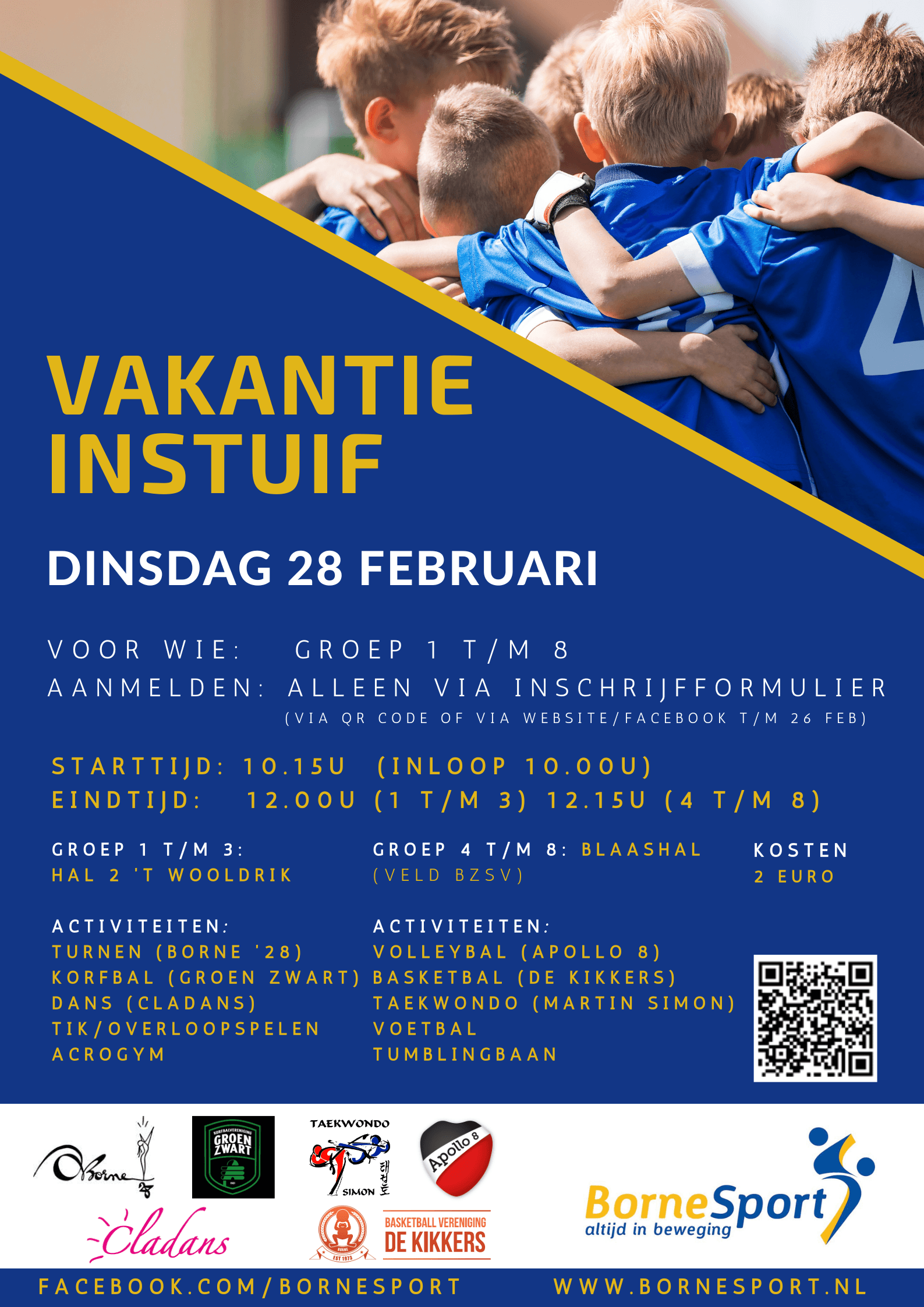 flyer vakantie instuif Borne Sport voor groepen 1 t/m 8 