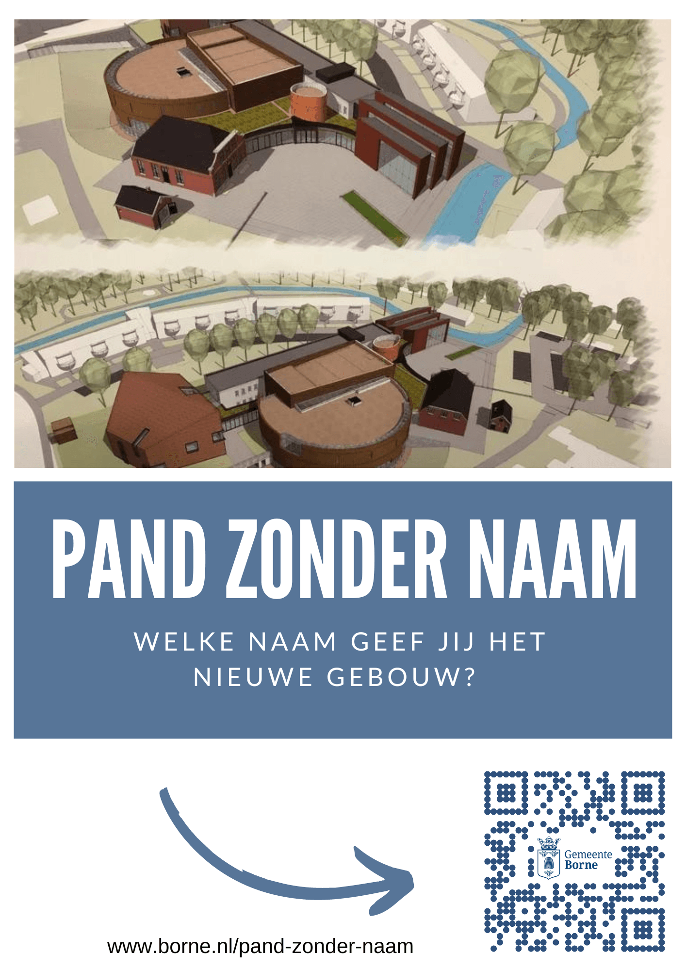Flyer pand zonder naam - met tekeningen en QR code naar de pagina op de website