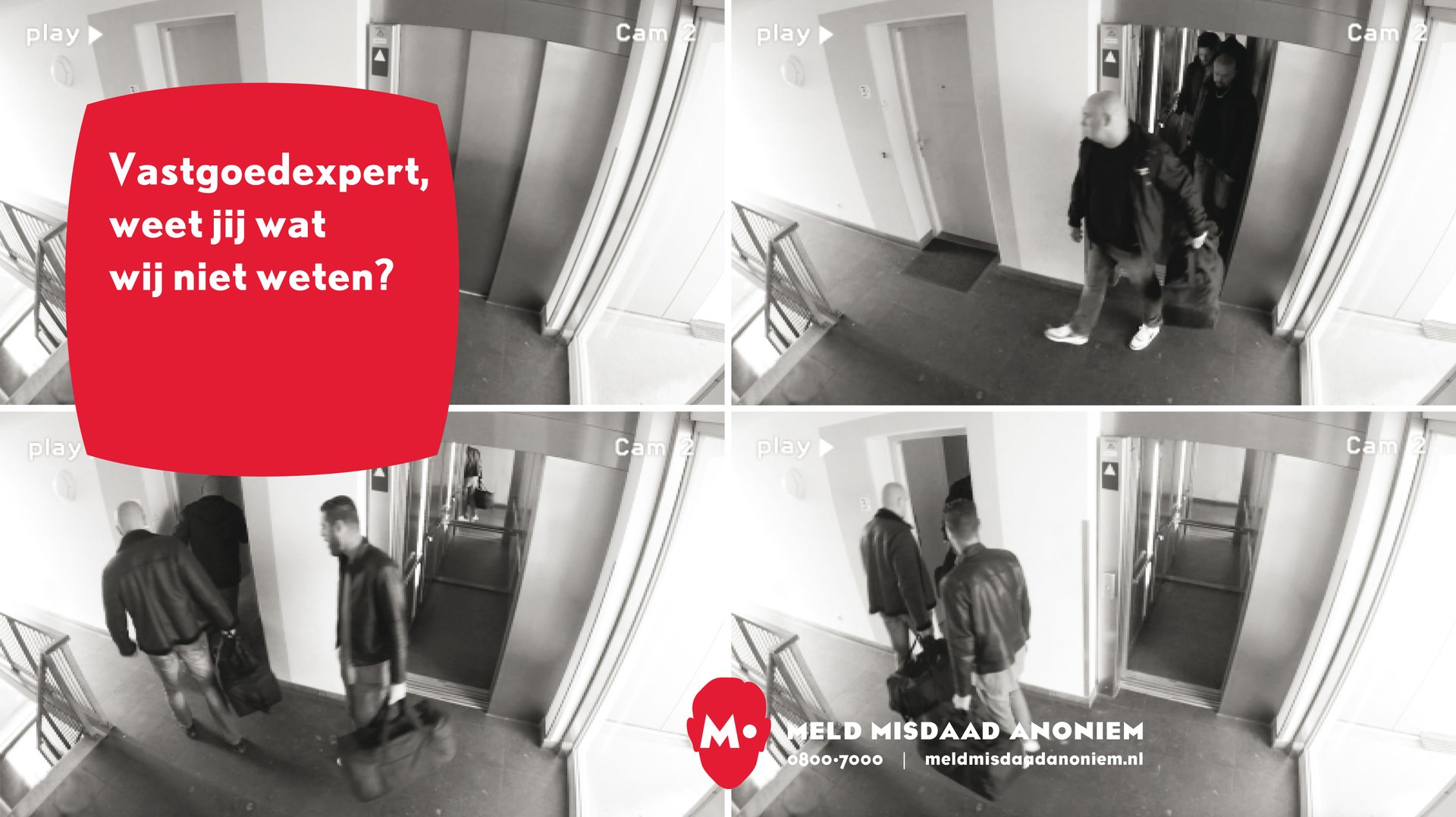 Veiligheid camerabeelden van een portiek met drie mannen. Advertentie van MMA.