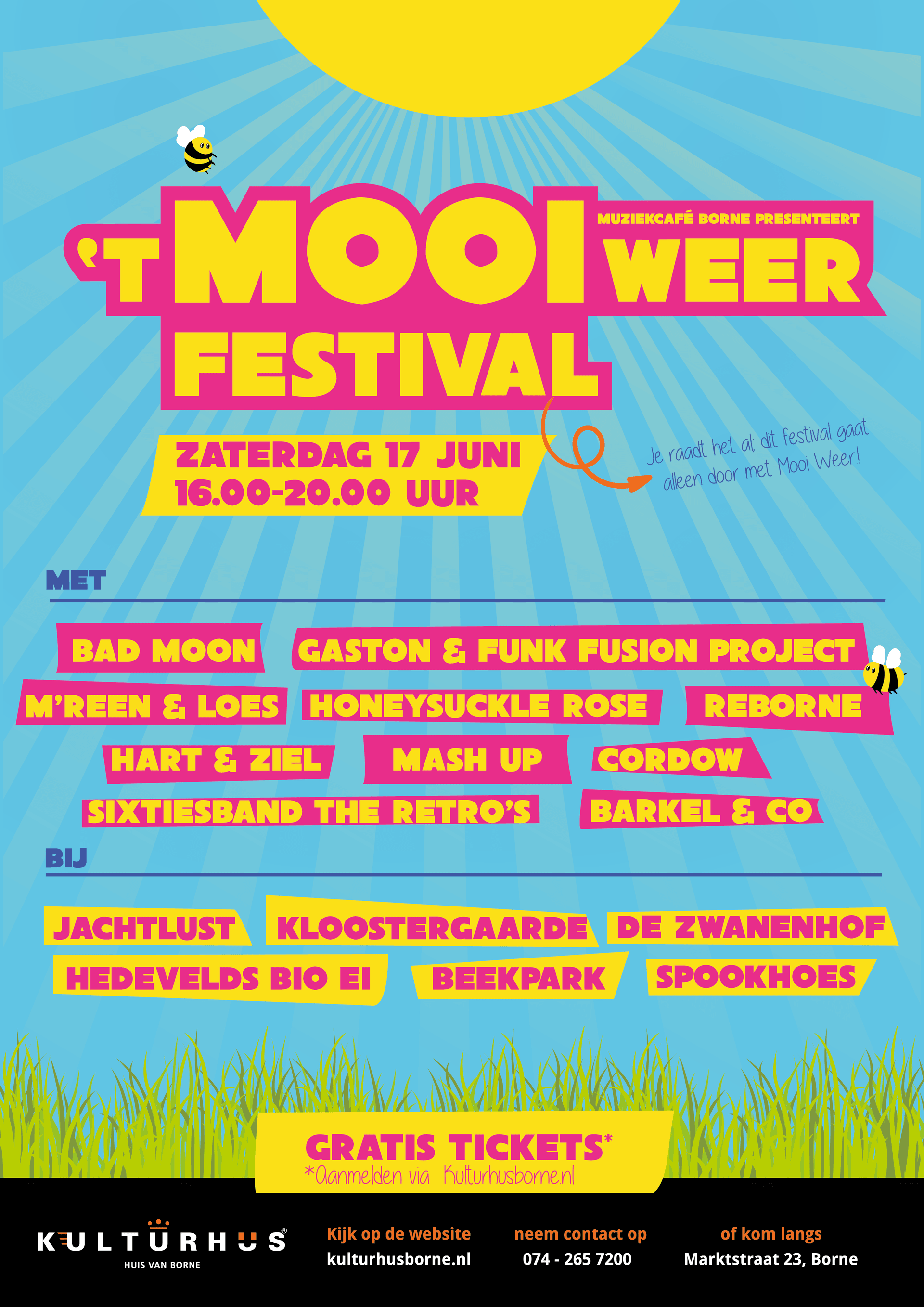 Poster mooi weer festival met artiesten en locaties gratis tickets via kulturhus.nl